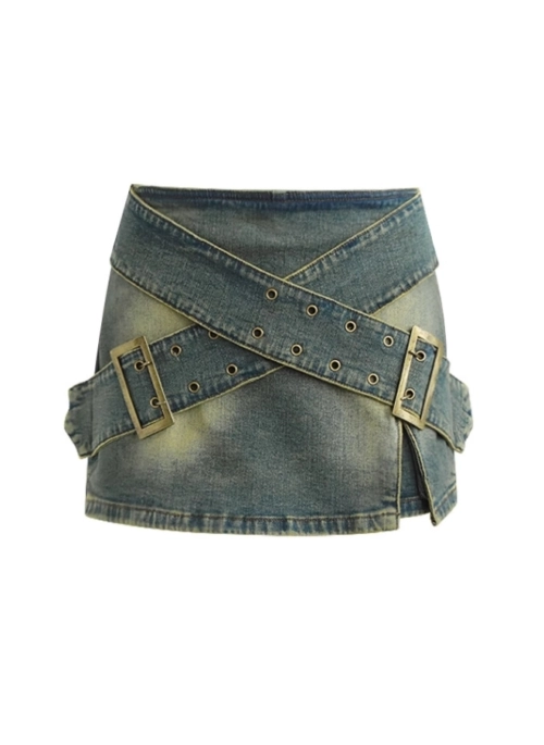 Blue Criss-Cross Belt Denim Skort | Chisa – XG