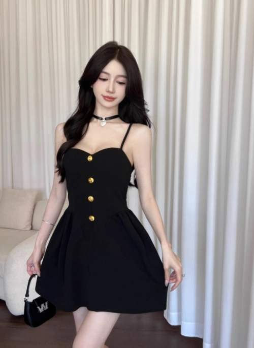 Black Bustier A-Line Dress With Gold Buttons | Handong – Dreamcatcher