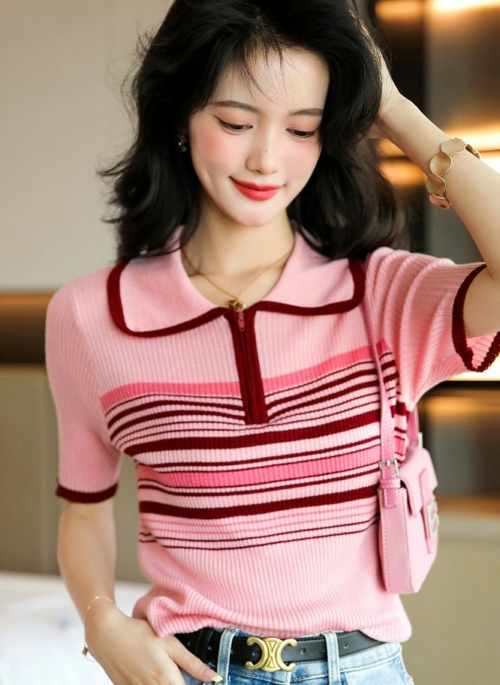 Pink Striped Knit Polo Shirt | Hanni – NewJeans