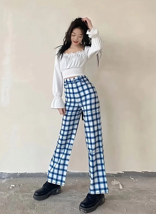 Sky Blue Tartan Straight Pants | Jennie – Blackpink