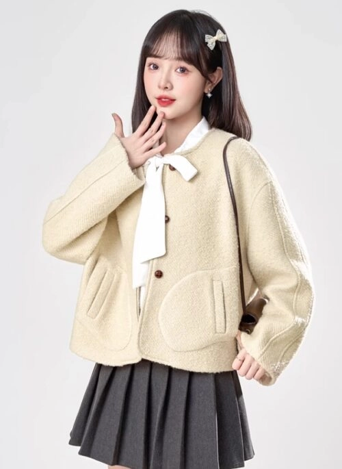 Beige Irregular Pocket Woolen Jacket