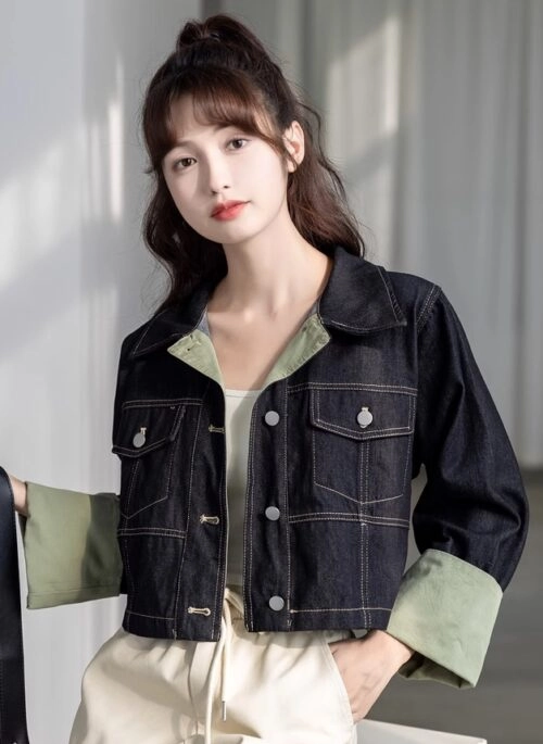 Black Folded Sleeves Denim Jacket