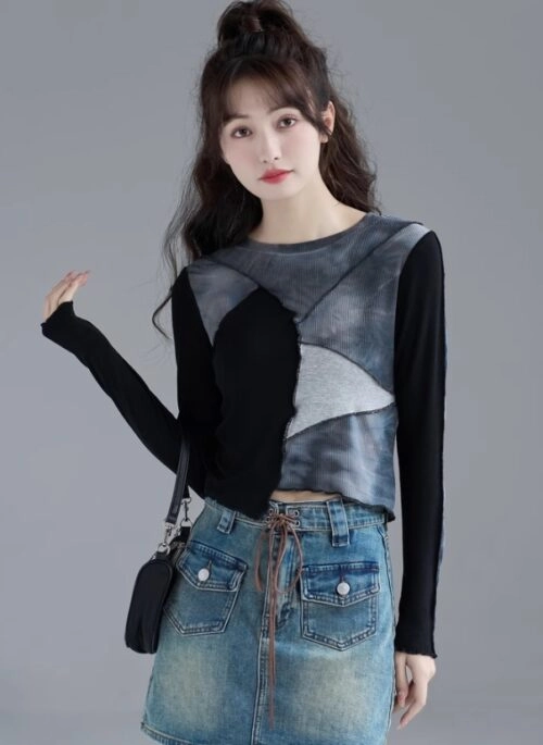 Black Patchwork Long Sleeve Top