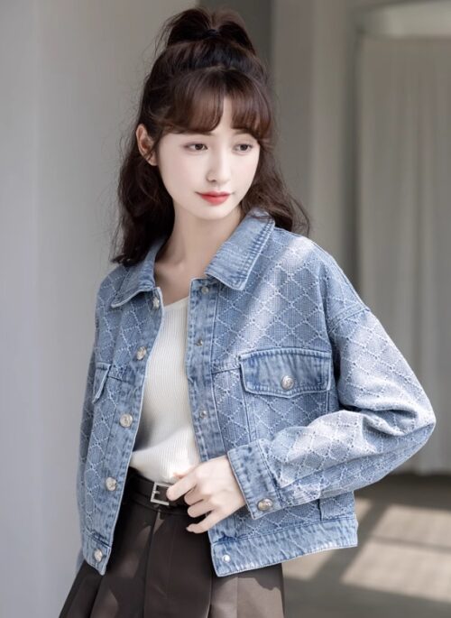 Blue Diamond Pattern Denim Jacket