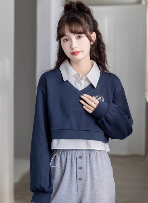 Blue Two-Piece Illusion Collared Sweatshirt