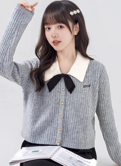 Grey Button-Up Bow Collar Cardigan