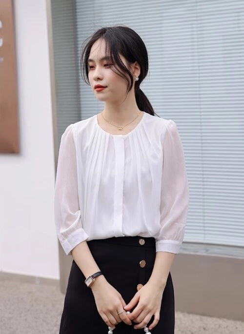 White Pleated Chiffon Blouse | Beomgyu – TXT