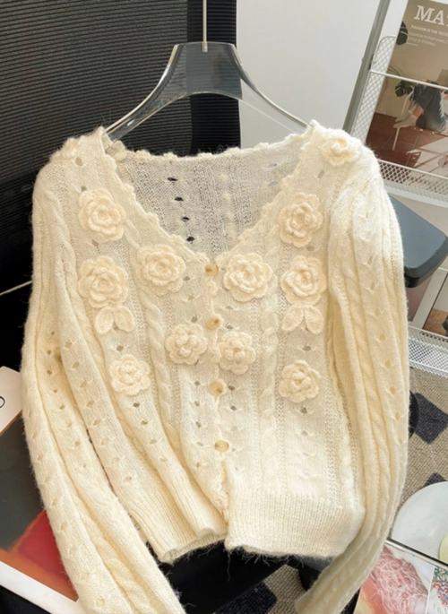 Beige Flower Embroidered Patch Cardigan | Hyuna