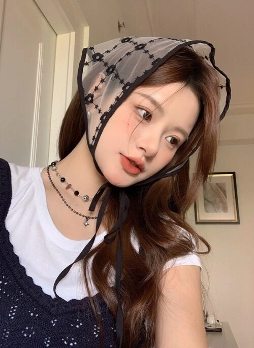 Black Floral Embroidered Head Scarf | Jennie – BlackPink