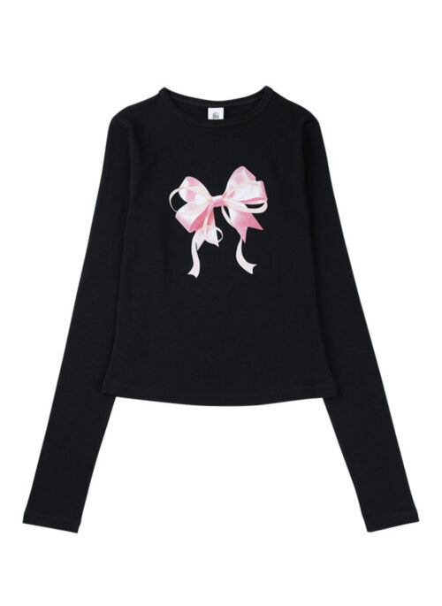 Black Ribbon Print Long Sleeve T-Shirt | Ningning – Aespa