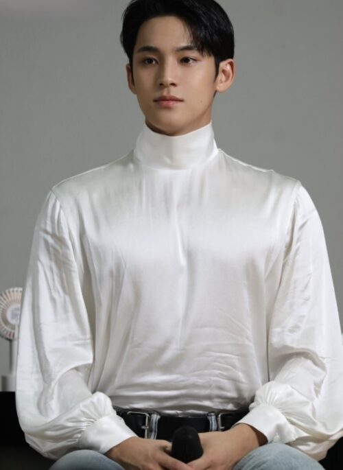 White Mock Neck Lantern Sleeves Blouse | Mingyu – Seventeen