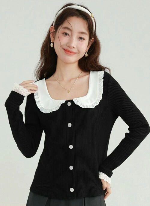 Black Doll Collar Ribbed Cardigan | Joy – Red Velvet