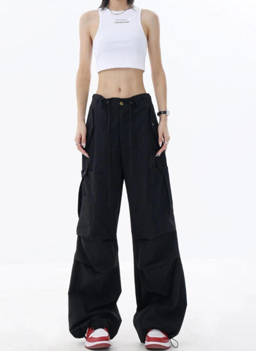 Black Pleated Drawstring Cargo Pants | Yuna – ITZY