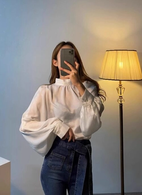 White Mock Neck Lantern Sleeves Blouse | Mingyu – Seventeen