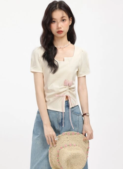 Beige Side Drawstring Style T-Shirt