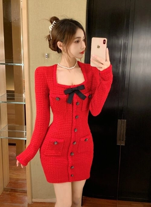 Red Tweed Long Sleeve Dress | Joy – Red Velvet