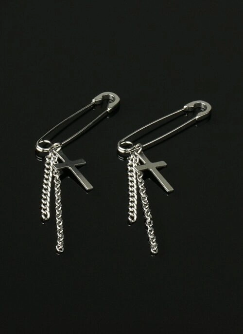 Silver Safety Pin And Cross Chain Earring | LeeKnow – Stray Kids