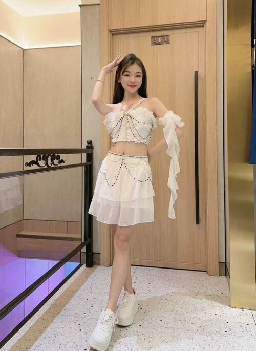 White Embellished Lace Top And Skirt Set | Nayeon – Twice