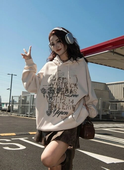 Beige Statement Print Vintage Hoodie | Jake – Enhypen