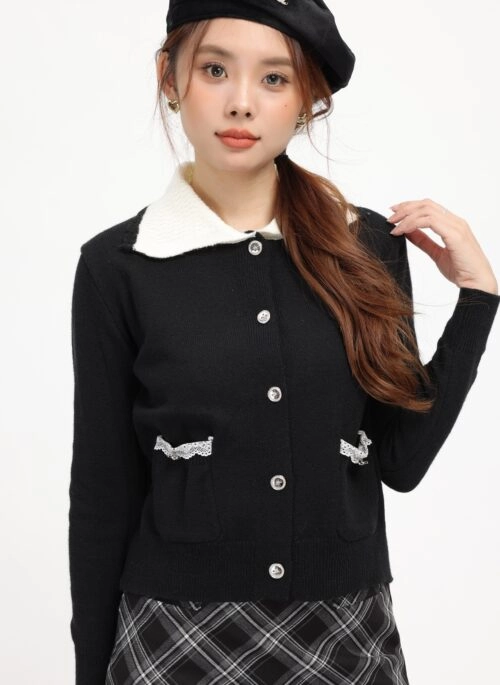 Black Lapel Collared Buttoned Knit Cardigan