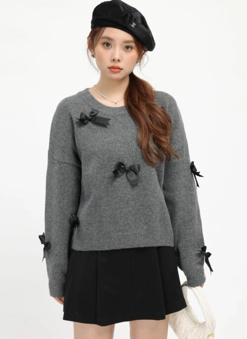 Grey Cozy Ribbon Detailed Knit Sweater