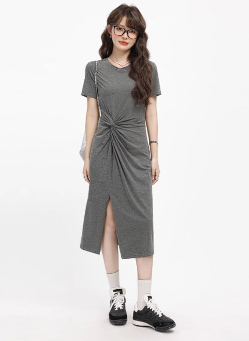 Grey Chic Slim Fit Knotted Split Dress