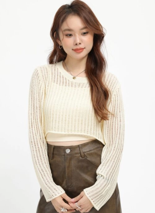 Beige Hollow Out Long Sleeve Crop Top Set