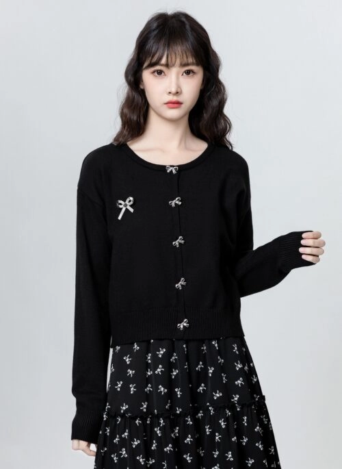 Black Knit Silver Bow Buttons Cardigan