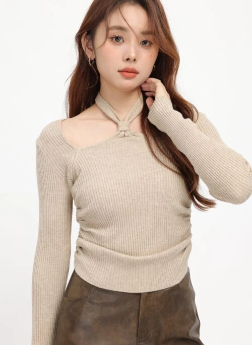 Beige Plain Halter Neck Knitted Sweater