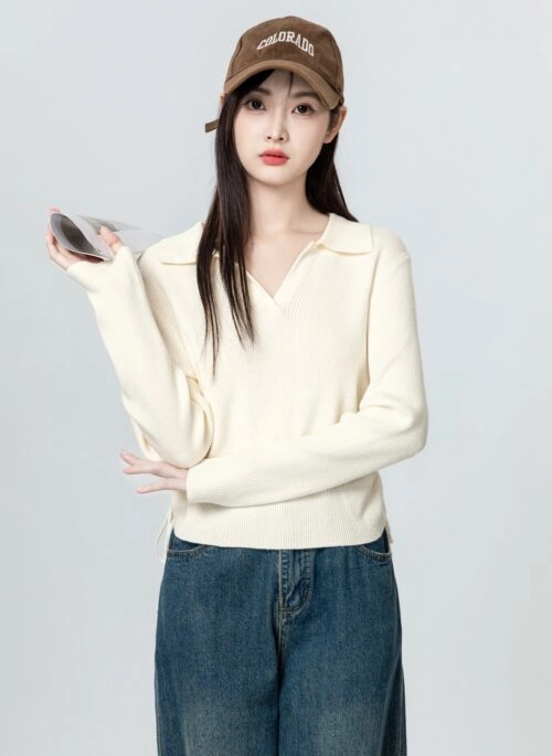 Beige Knit V-neck Drawstring Sides Sweater