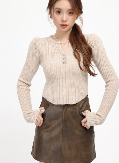 Beige Ribbed Puff Sleeve Buttoned Sweater with Flared Cuffs