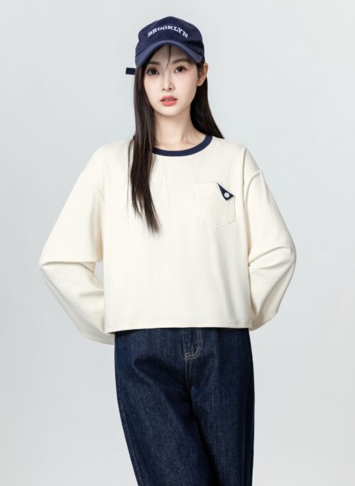 Beige Accented With Blue Round Neck Sweatshirt