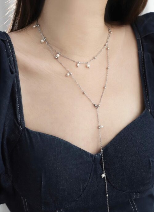 Silver Layered Chain Pearl Necklace | Haewon – NMIXX