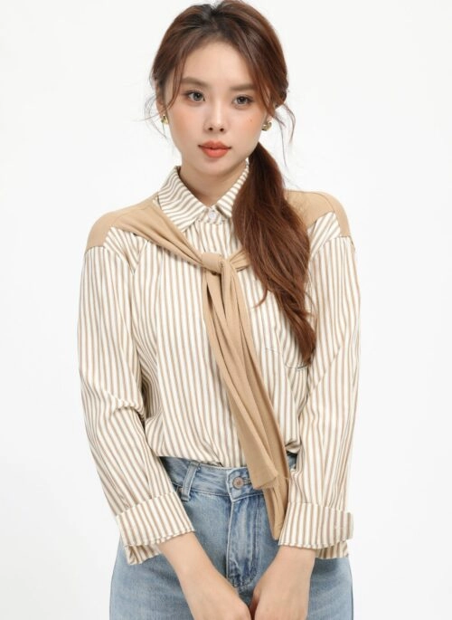 Beige Striped Shirt With Faux Shawl