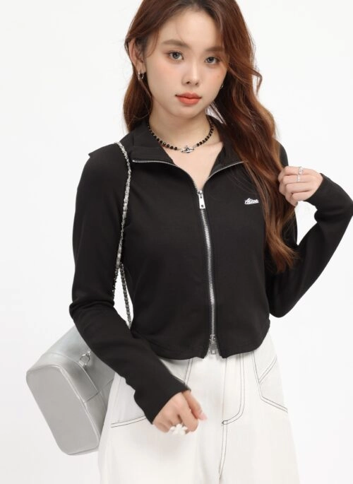 Black Collared Cropped Jacket With Logo And Zipper Closure