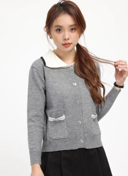 Gray Vintage Knit Cardigan With Sweet Collar