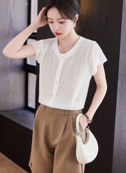 White Button-Down Round Neck Blouse | Cheong Ah – Twinkling Watermelon