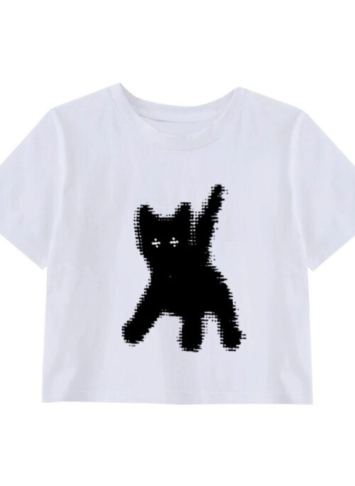 White Cat Print Cropped T-Shirt | Eunchae – Le Sserafim