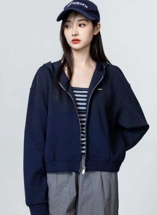 Blue Hooded Sweater Jacket Casual Zippered Top