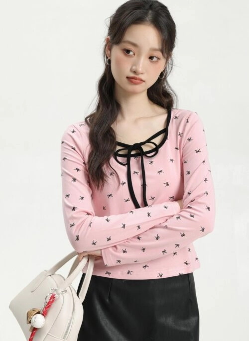 Pink Long Sleeve Lace-Up Bow Top