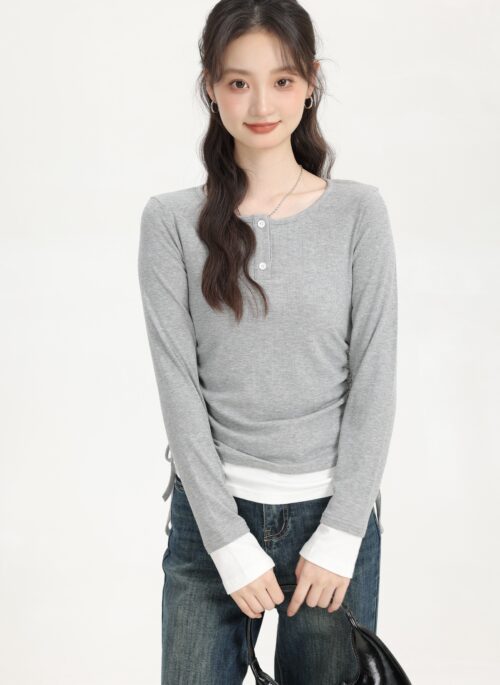 Gray Fake Two-Piece Long Sleeve Shirt With Casual Drawstring