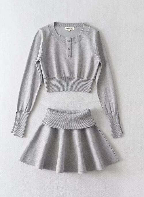 Grey Long Sleeve Top And Skirt Set | Lisa – BlackPink