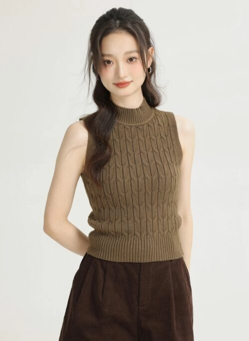 Brown Knitted High Neck Sleeveless Vest Top