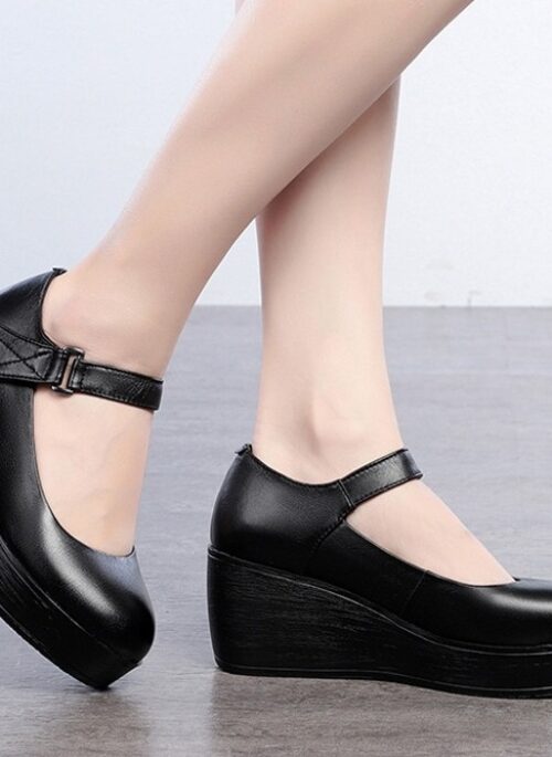 Black Leather Wedge Heel Shoes | Pharita – BabyMonster