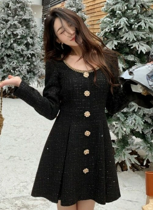 Black Tweed Flower Buttons Dress | Kang Bit Na – The Judge From Hell