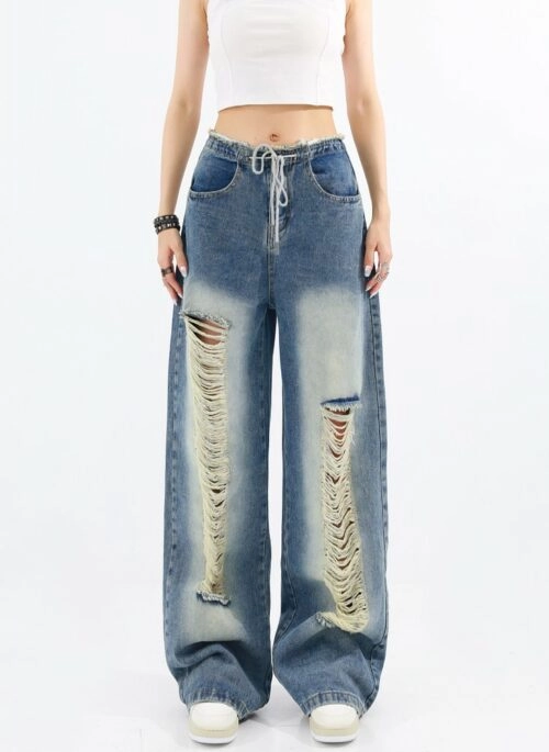 Blue Ripped Drawstring Jeans | Sumin – STAYC