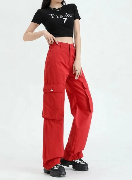 Red Cargo Pockets Casual Pants | Sieun – STAYC