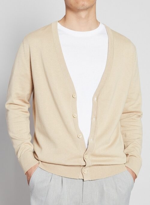 Beige Button Down V-Neck Cardigan | Changbin – Stray Kids