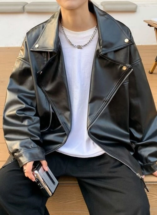 Black Classic Faux Leather Biker Jacket | Bangchan – Stray Kids