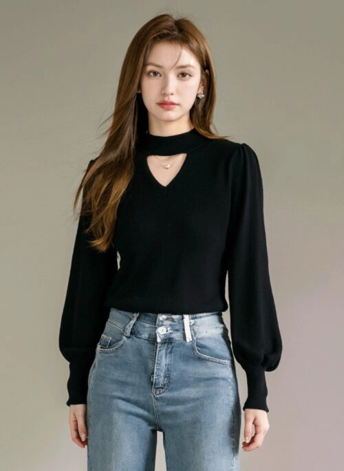 Black Knit High Neck Top Winter Chic Hollow Out Slim Fit Innerwear